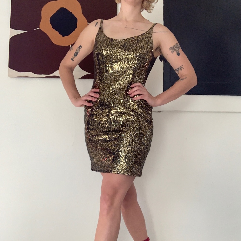 Black Tie black and gold sequin mini dress